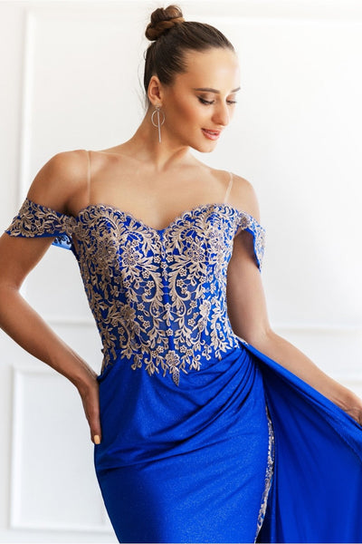 High Couture MJ1021 Glitter Long Formal Lace Applique Prom Dress