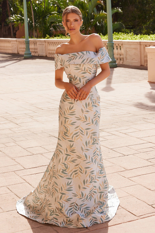 Nox Anabel MJ134 Stunning Jacquard Off-Shoulder Gown