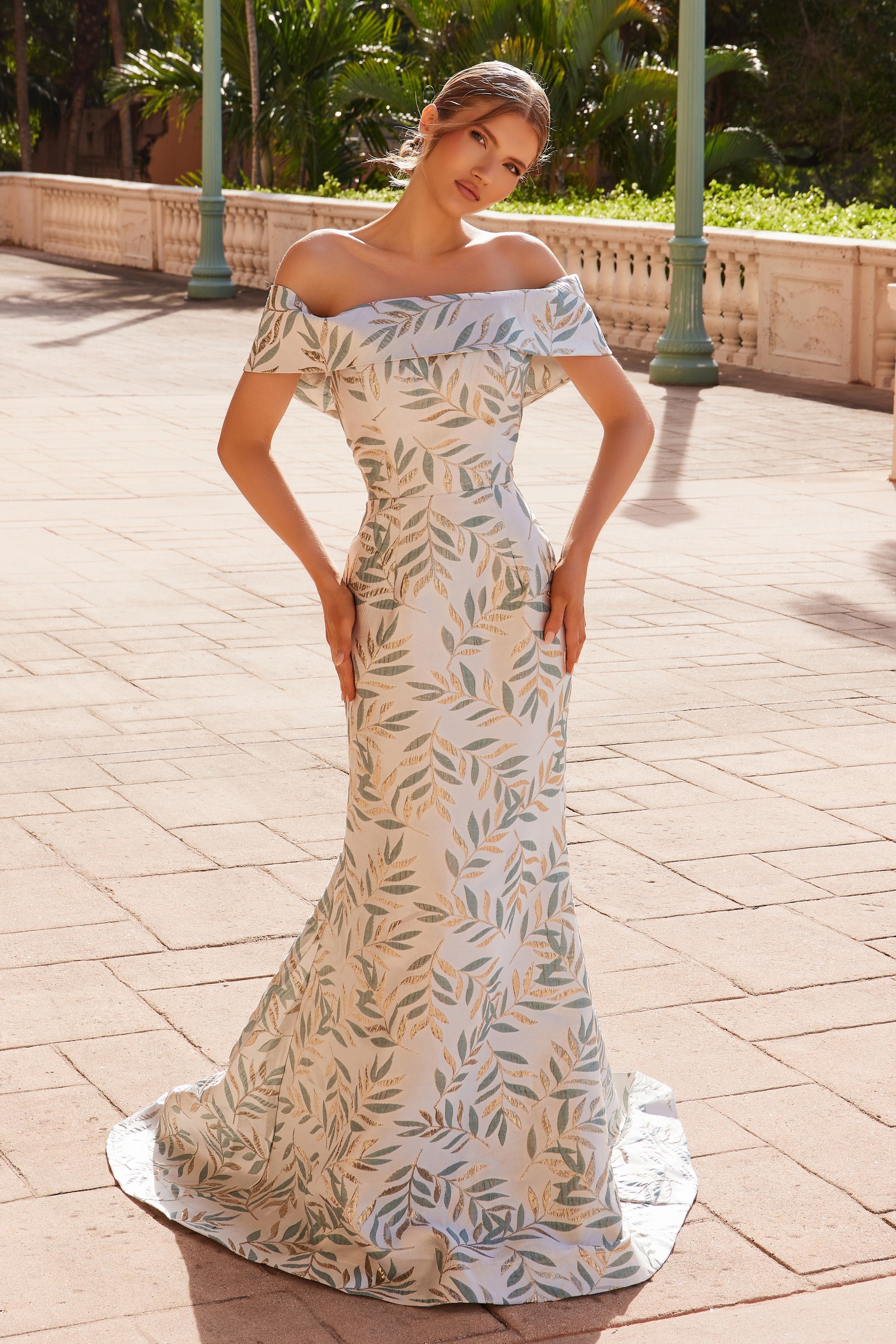 champagne jacquard dress Nox Anabel MJ134 Stunning Off-Shoulder Gown Kids elegant party dress this dress commands attention Chiara Boni La Petite Pay With:$22.00 (Silkroll Fee: $0.55)