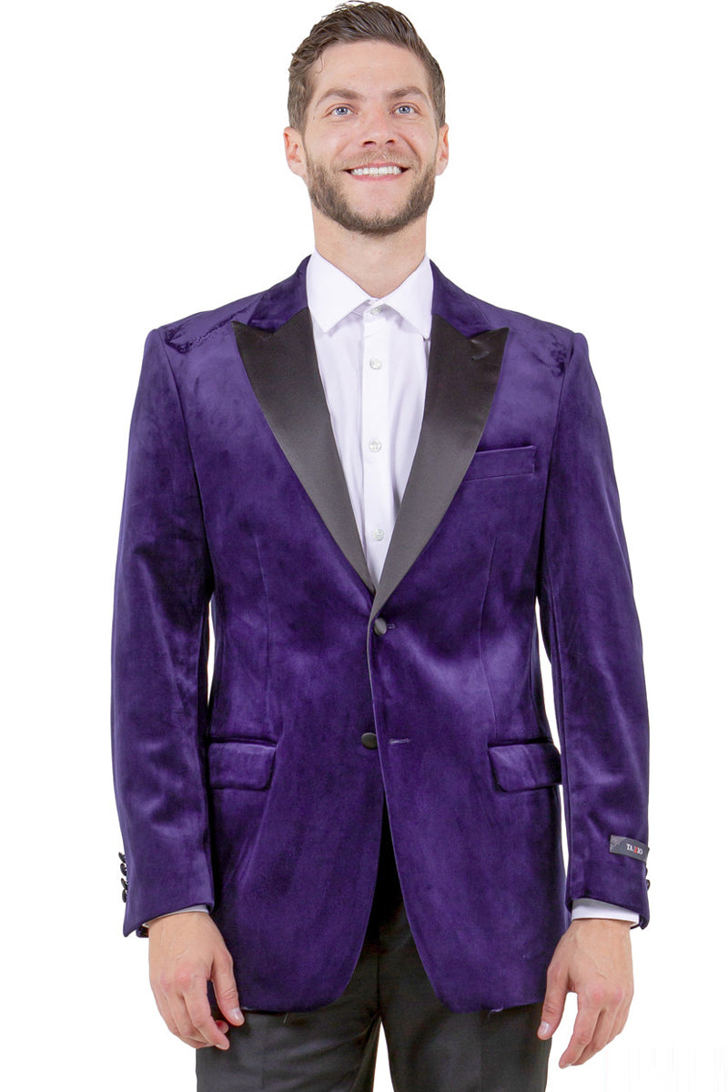 Chaqueta de esmoquin de terciopelo con solapa de pico y dos botones para boda y graduación para hombre en morado