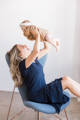 Navy Tea Length Short Sleeve Maternity Everyday Breastfeeding Dress with Panel