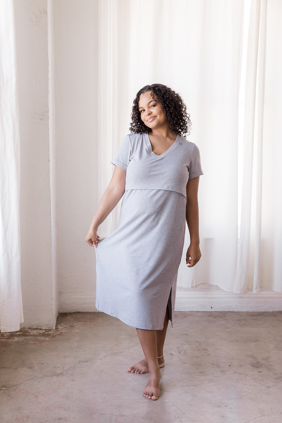Light Gray Tea Length Short Sleeve Maternity Everyday Breastfeeding Dress with Panel