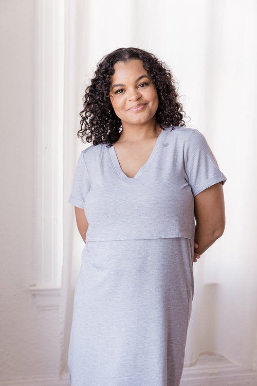 Light Gray Tea Length Short Sleeve Maternity Everyday Breastfeeding Dress with Panel