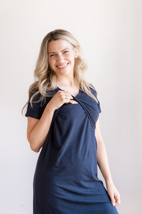 Navy Tea Length Short Sleeve Maternity Everyday Breastfeeding Dress with Panel