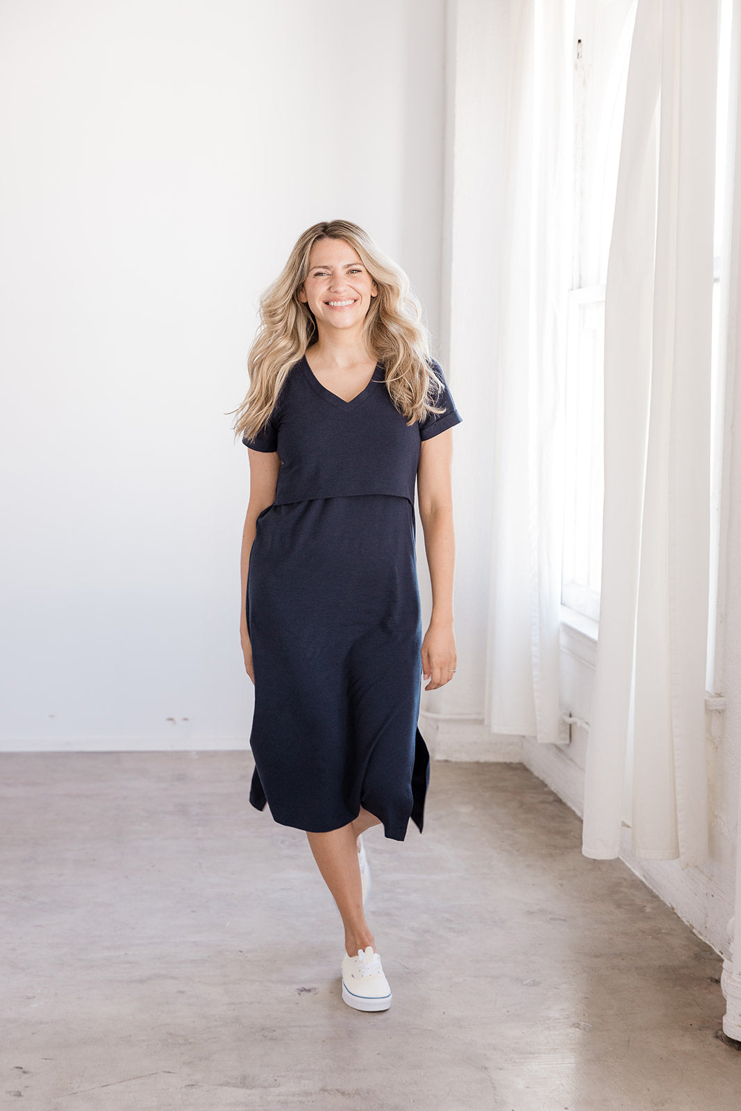 Navy Tea Length Short Sleeve Maternity Everyday Breastfeeding Dress with Panel