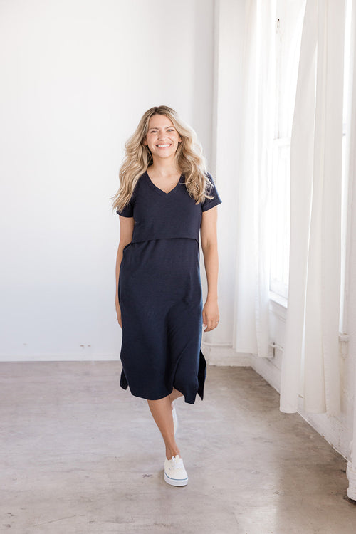 Navy Tea Length Short Sleeve Maternity Everyday Breastfeeding Dress with Panel