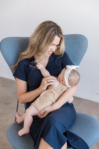 Navy Tea Length Short Sleeve Maternity Everyday Breastfeeding Dress with Panel