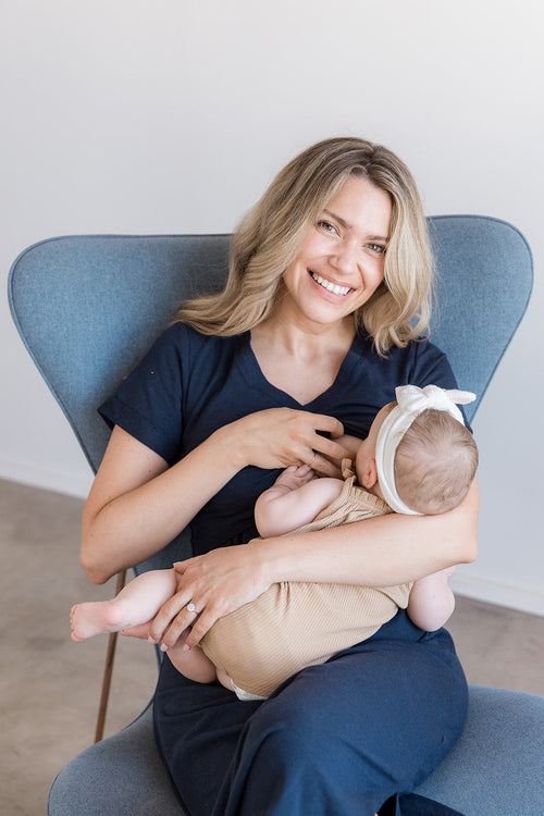 Navy Tea Length Short Sleeve Maternity Everyday Breastfeeding Dress with Panel