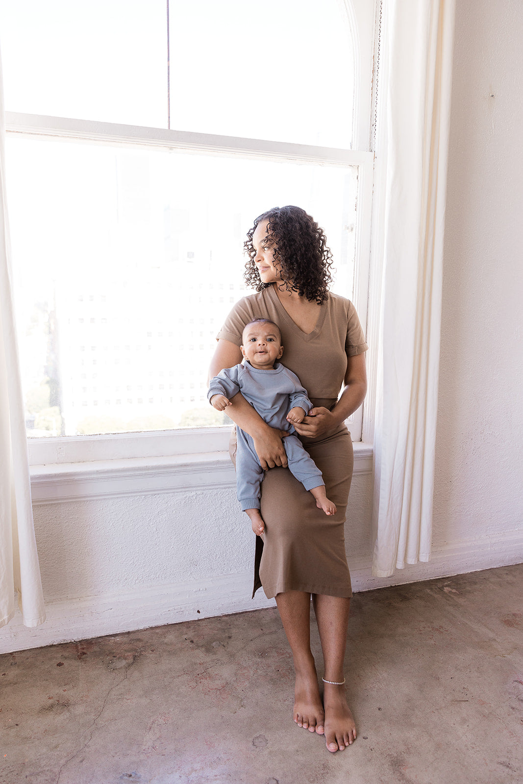 Brown Tea Length Short Sleeve Maternity Everyday Breastfeeding Dress with Panel