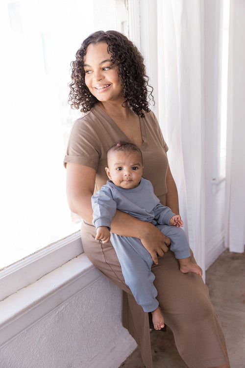 Navy Tea Length Short Sleeve Maternity Everyday Breastfeeding Dress with Panel