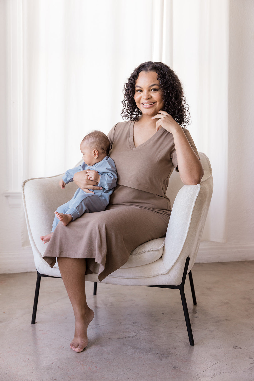Brown Tea Length Short Sleeve Maternity Everyday Breastfeeding Dress with Panel