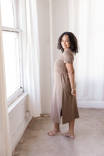 Brown Tea Length Short Sleeve Maternity Everyday Breastfeeding Dress with Panel