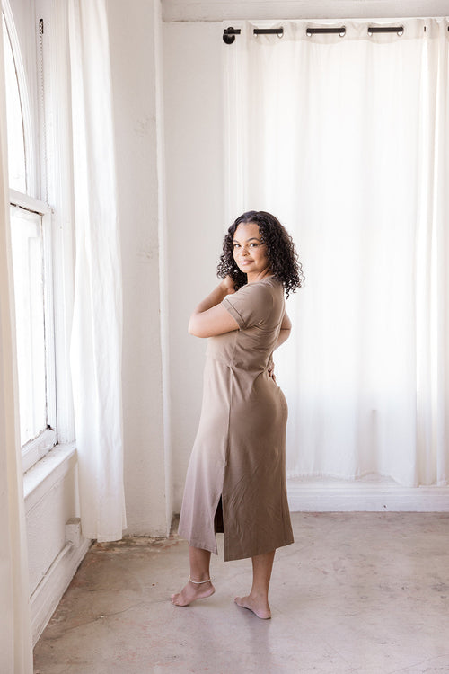 Brown Tea Length Short Sleeve Maternity Everyday Breastfeeding Dress with Panel