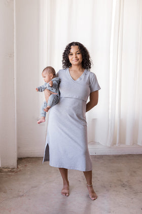 Light Gray Tea Length Short Sleeve Maternity Everyday Breastfeeding Dress with Panel