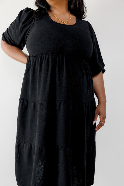 Black Short Sleeve Tea Length Maternity Tiered Breastfeeding Dress with Panel