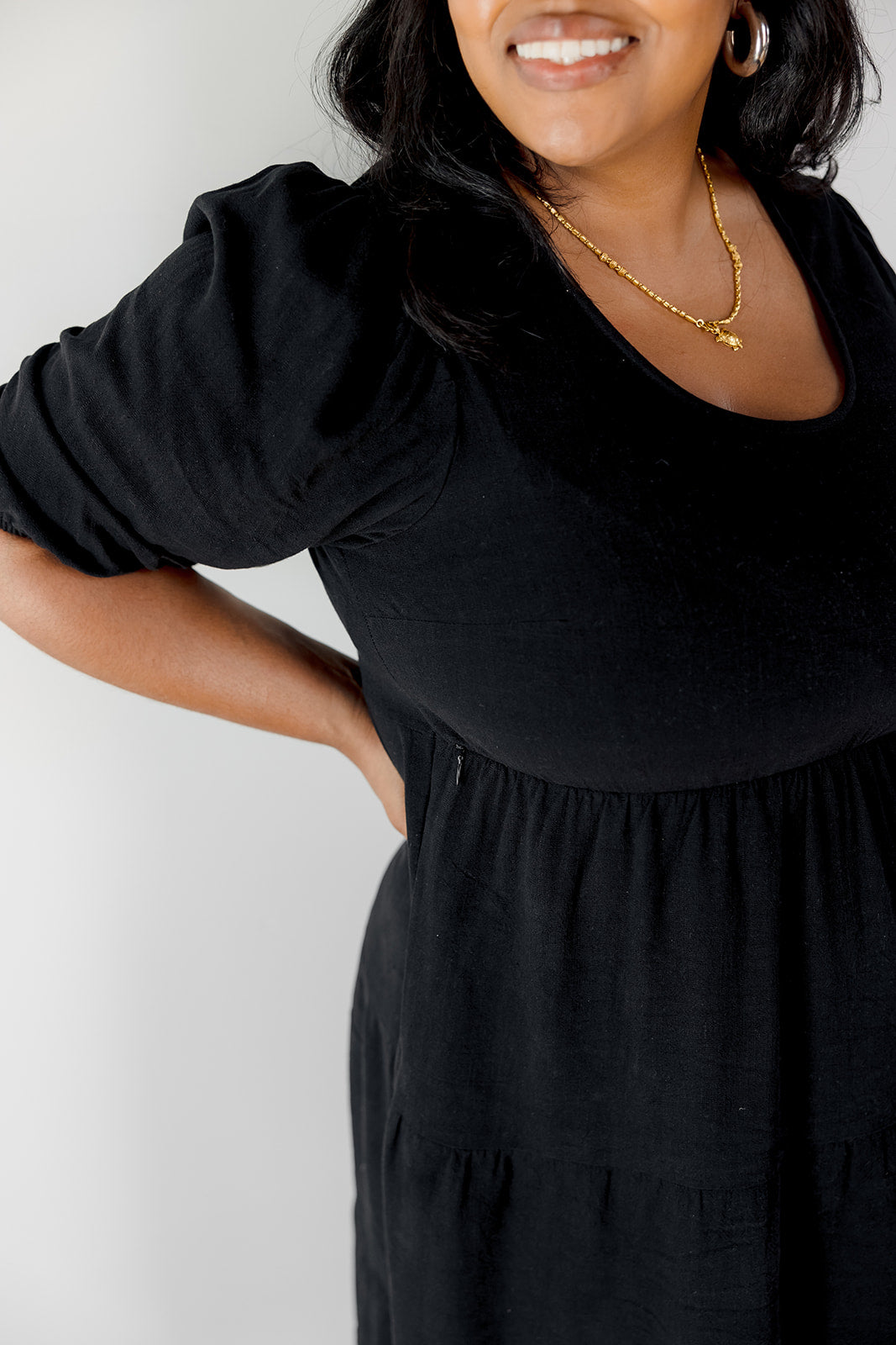 Black Short Sleeve Tea Length Maternity Tiered Breastfeeding Dress with Panel