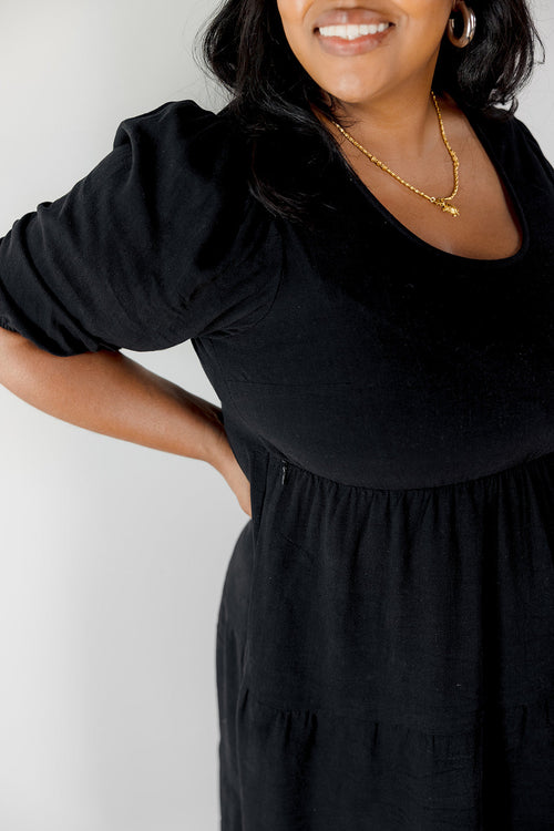Black Short Sleeve Tea Length Maternity Tiered Breastfeeding Dress with Panel