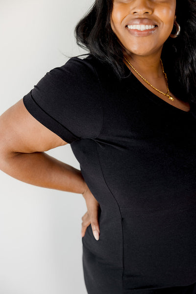 Black Tea Length Maternity Short Sleeve Everyday Breastfeeding Dress with Panel