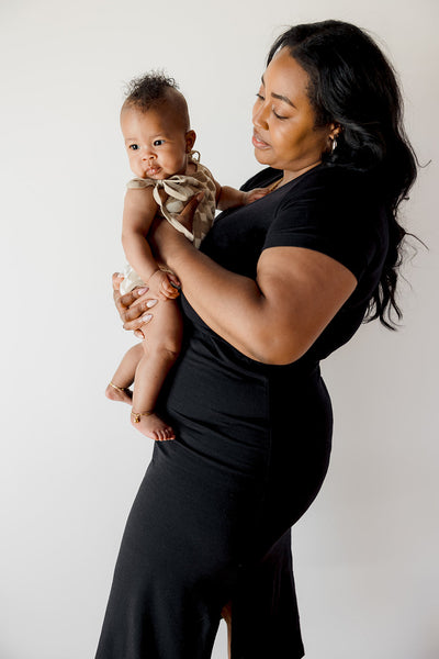 Light Gray Tea Length Short Sleeve Maternity Everyday Breastfeeding Dress with Panel