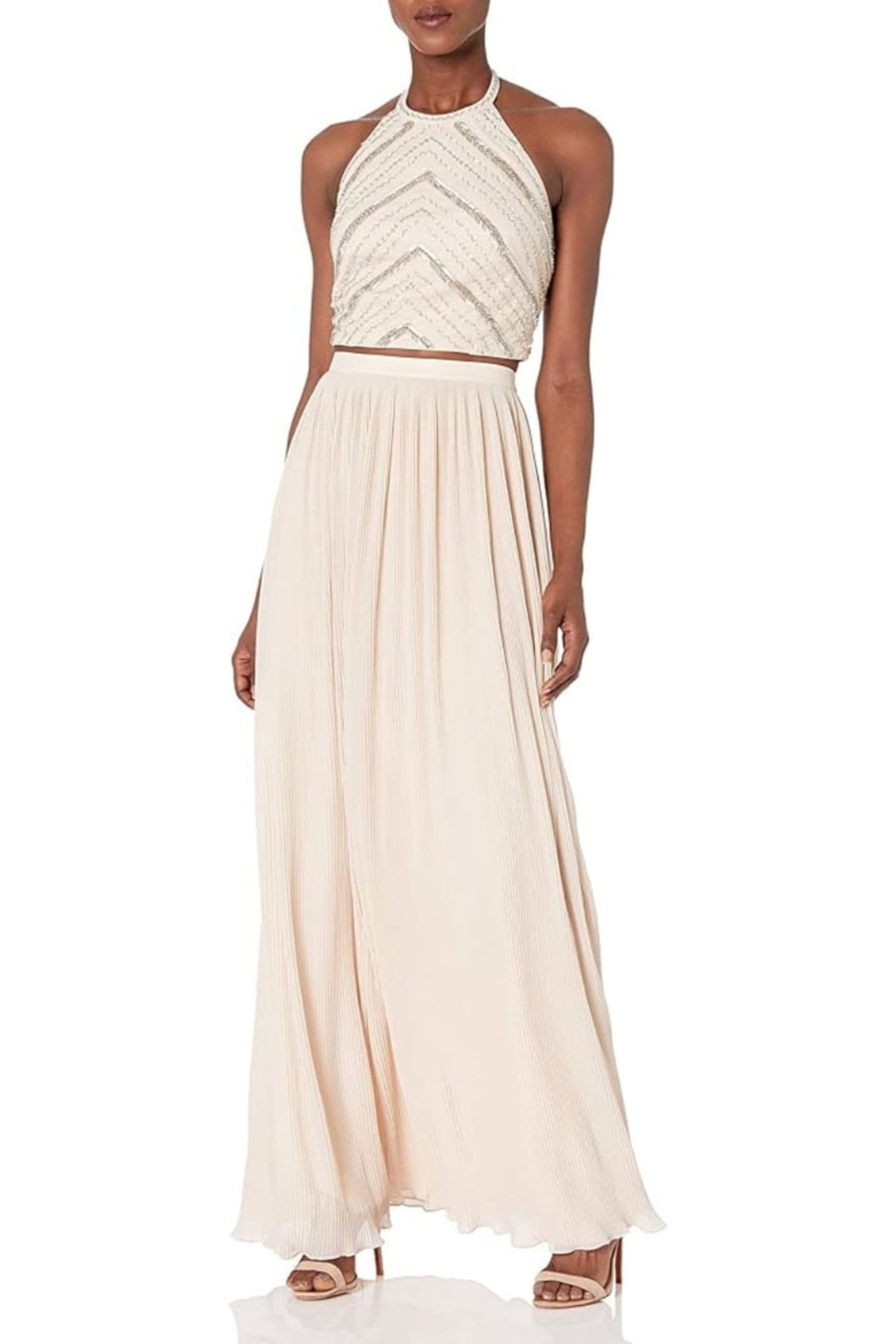 Aidan Mattox Women's Halter Full Length Crop Top Champagne Dress, 10, Beige