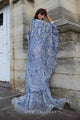 MNM Couture K4012 Blue Sheer Embellished Gown with Cape Sleeves