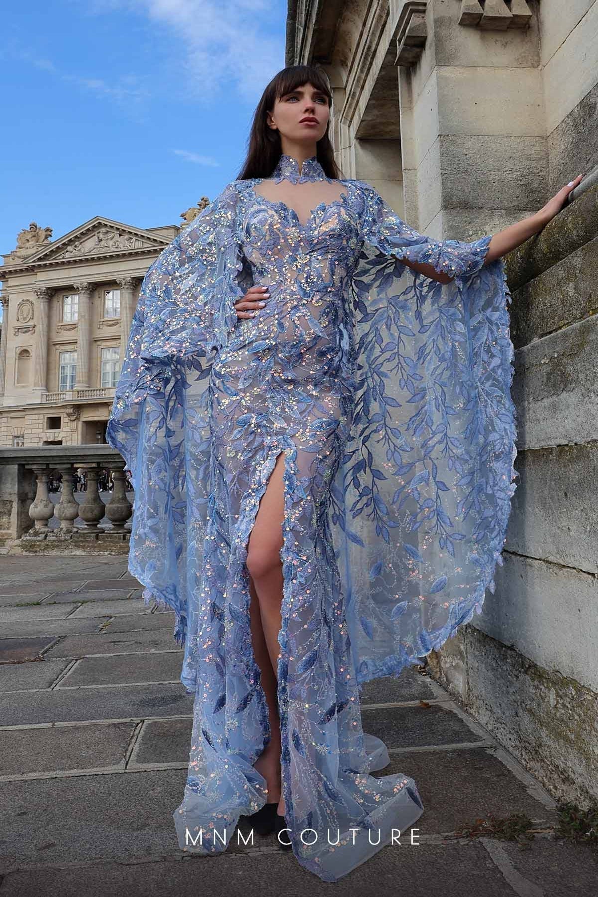MNM Couture K4012 Blue Sheer Embellished Gown with Cape Sleeves
