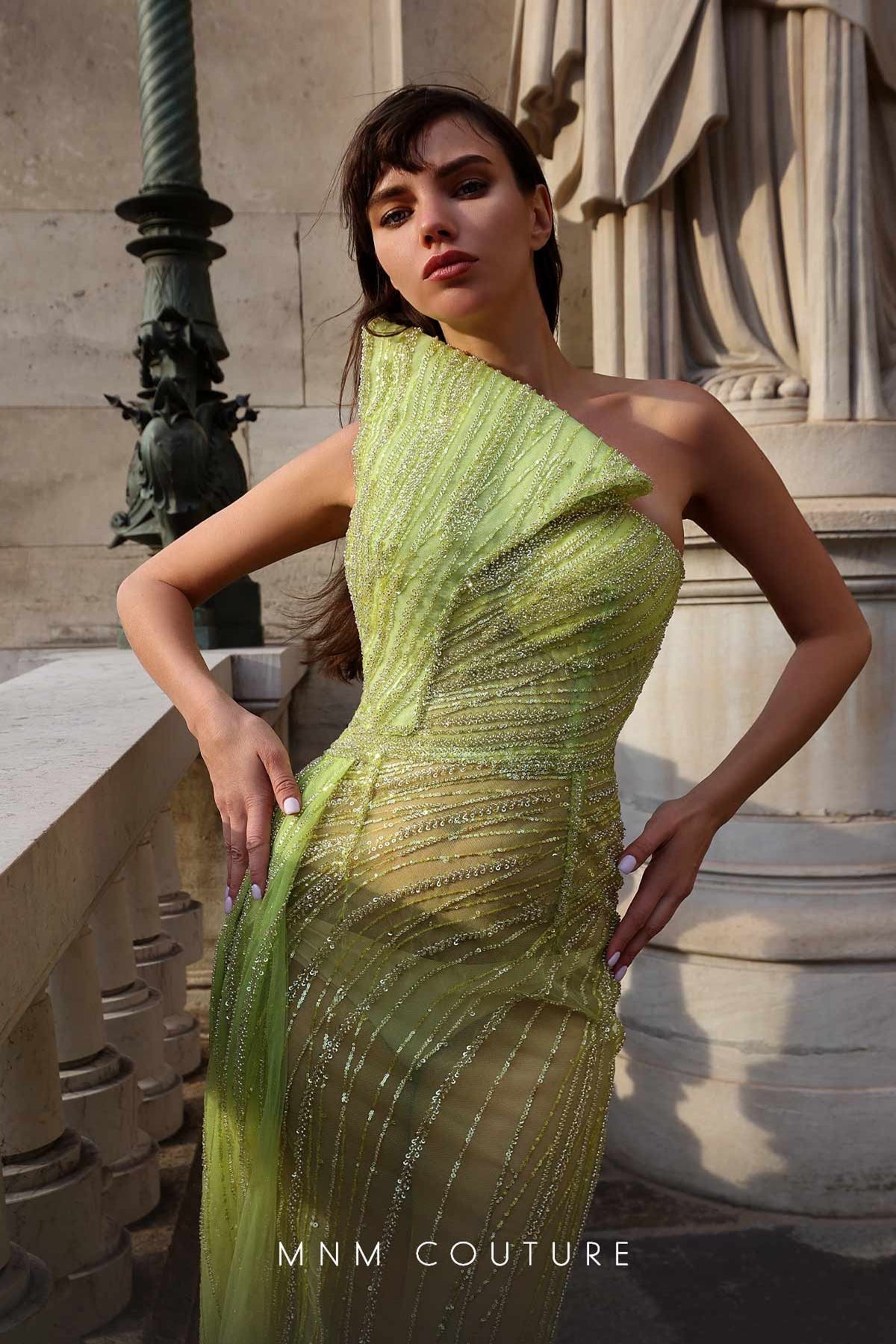 MNM Couture K4014 Sequin One-Shoulder Sheer Gown in Light Blue