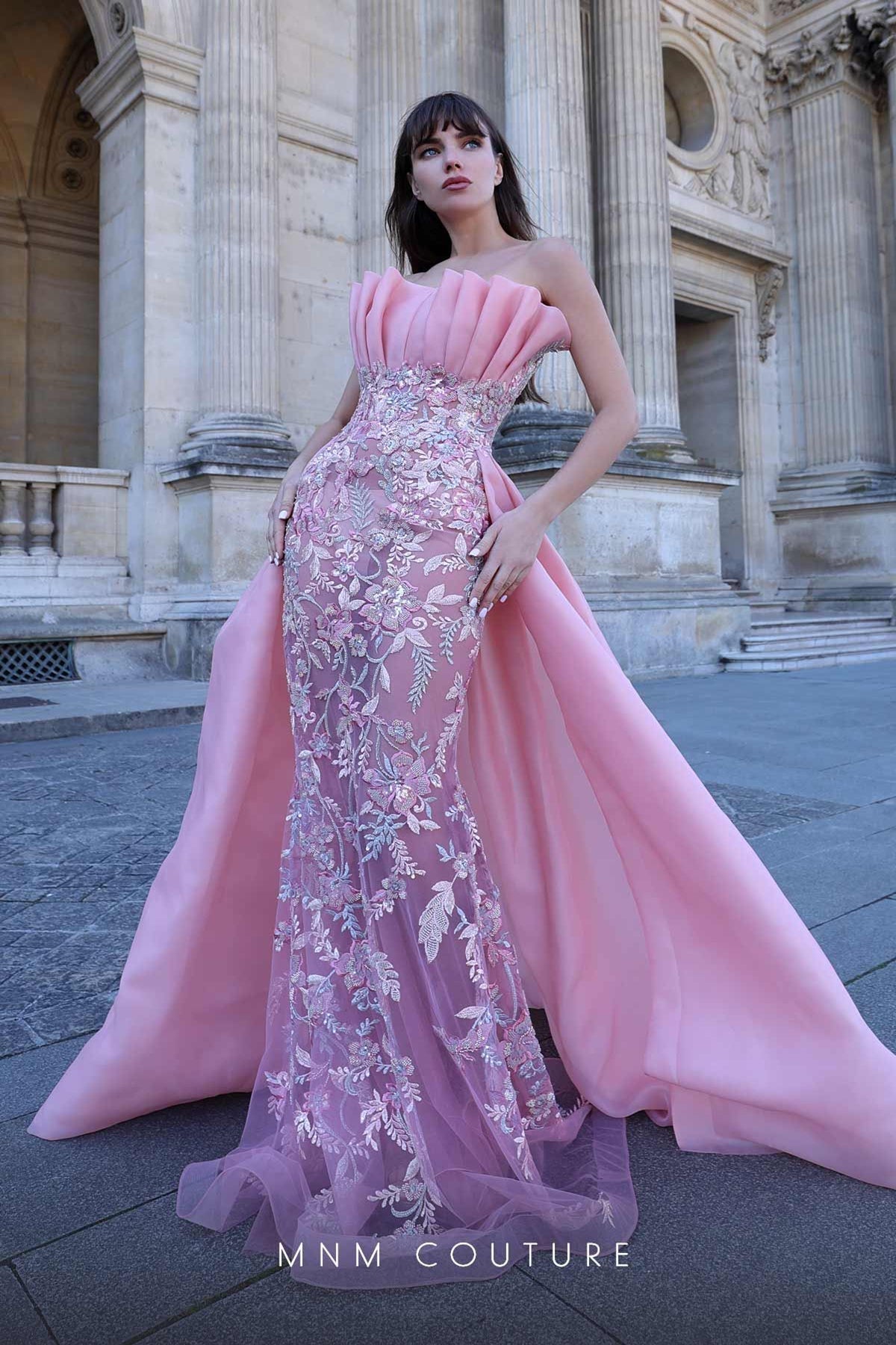 MNM Couture K4023 Strapless Pink Gown with Embellished Overskirt