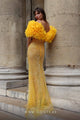 MNM Couture K4031 Off-Shoulder Blue Sequin Gown with Ruffled Sleeves