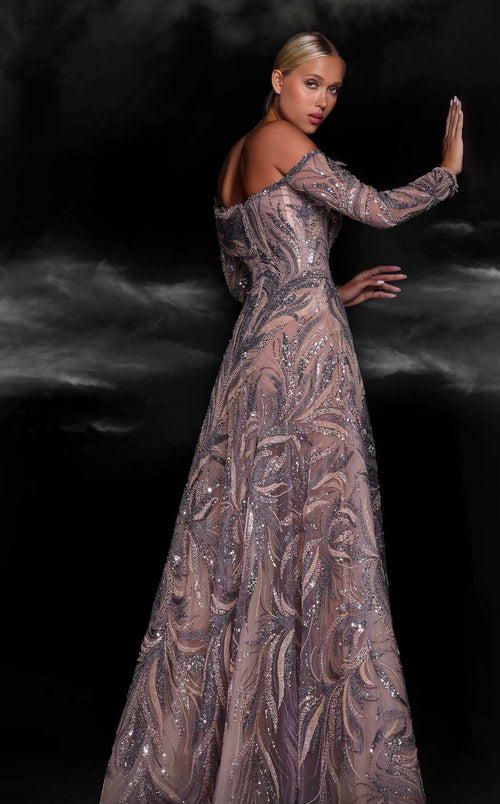 MNM Couture K4105 Off-Shoulder Blue Embellished Gown