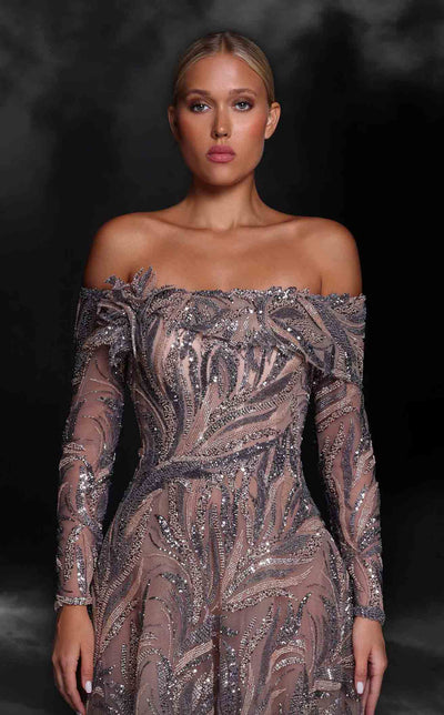 MNM Couture K4105 Off-Shoulder Blue Embellished Gown