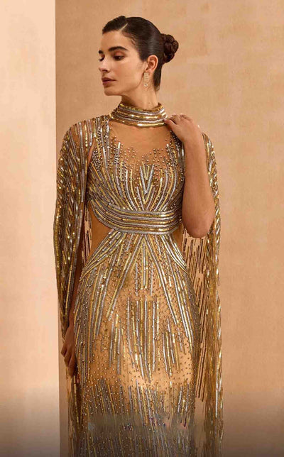 MNM Couture M1145 Embellished Sheer Cape Sleeve Gown – Black