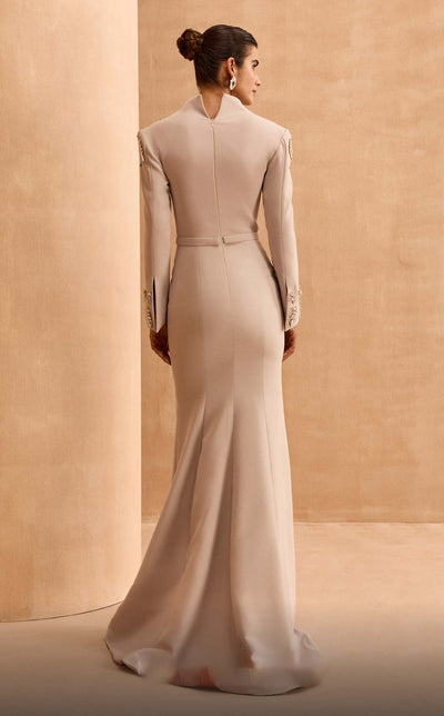 MNM Couture V02030 Beige Long-Sleeve Embellished Gown with Slit