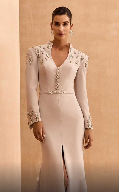MNM Couture V02030 Beige Long-Sleeve Embellished Gown with Slit