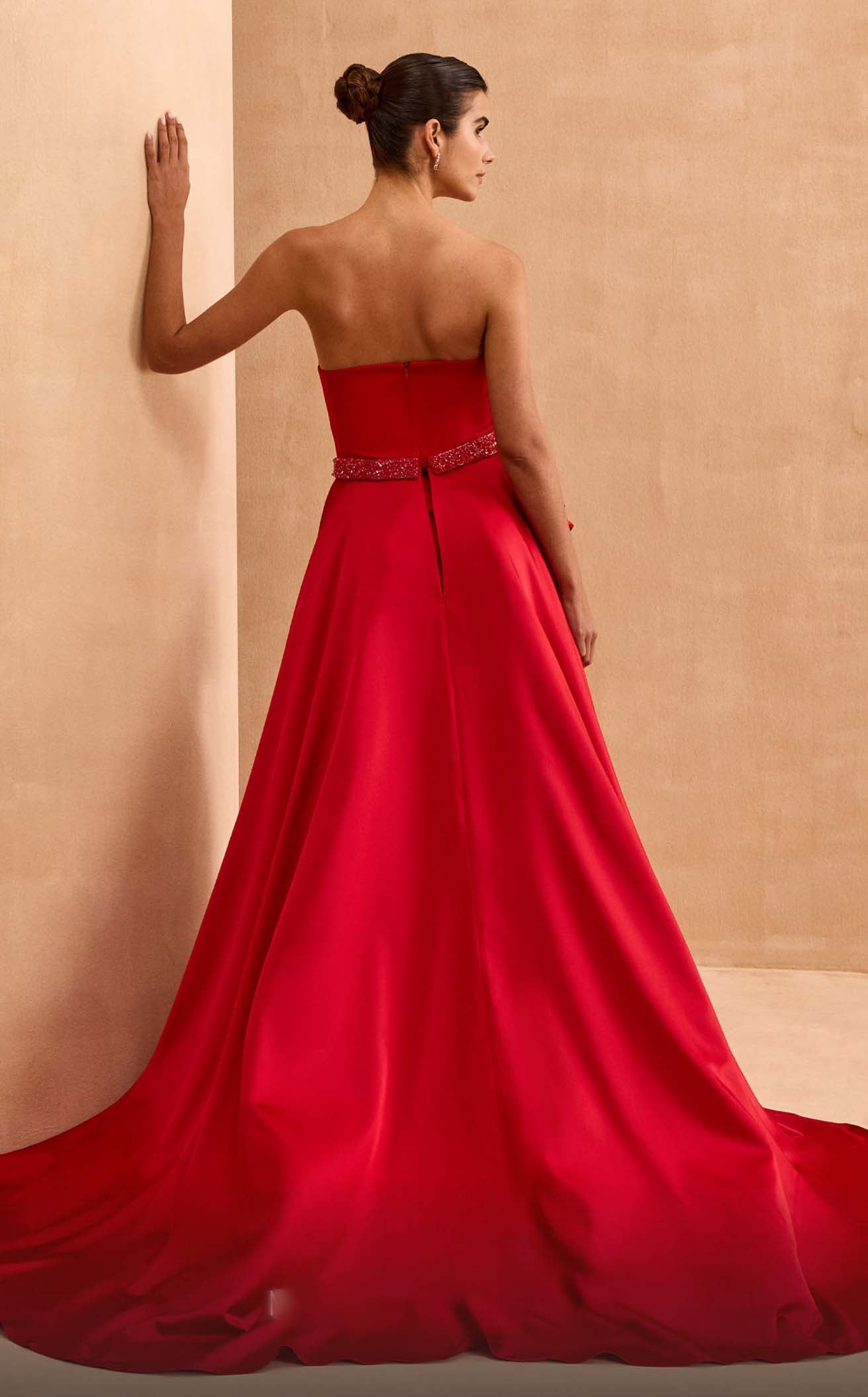 MNM Couture V07353 Strapless Green Draped Gown with Slit