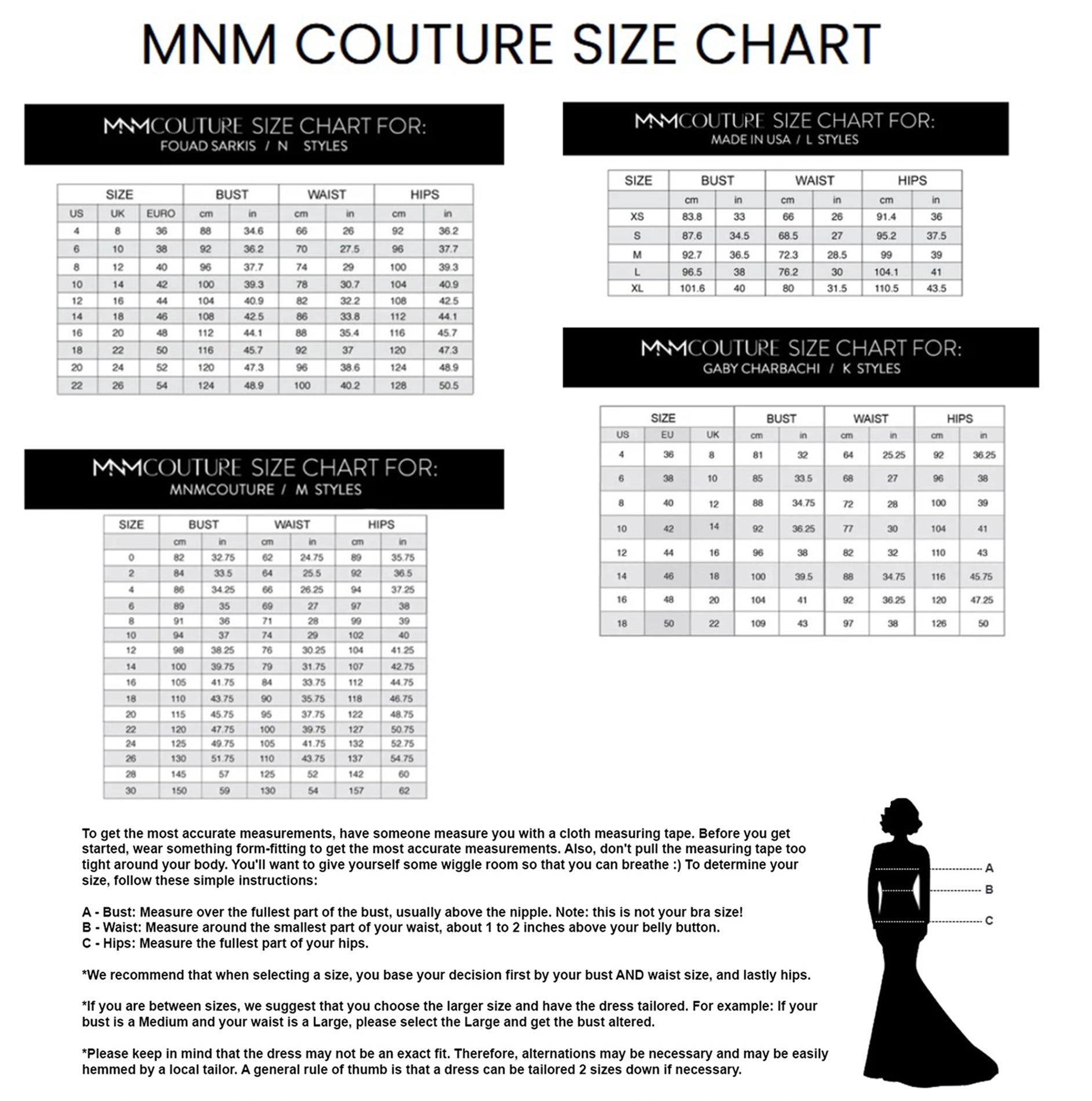 MNM Couture Size Chart
