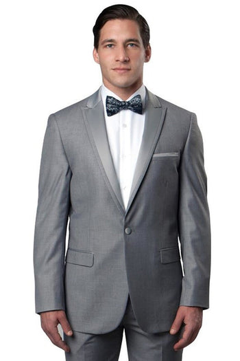 Esmoquin de corte entallado para hombre, con un botón y ribete de satén, con solapa de pico, para graduación y boda, en gris