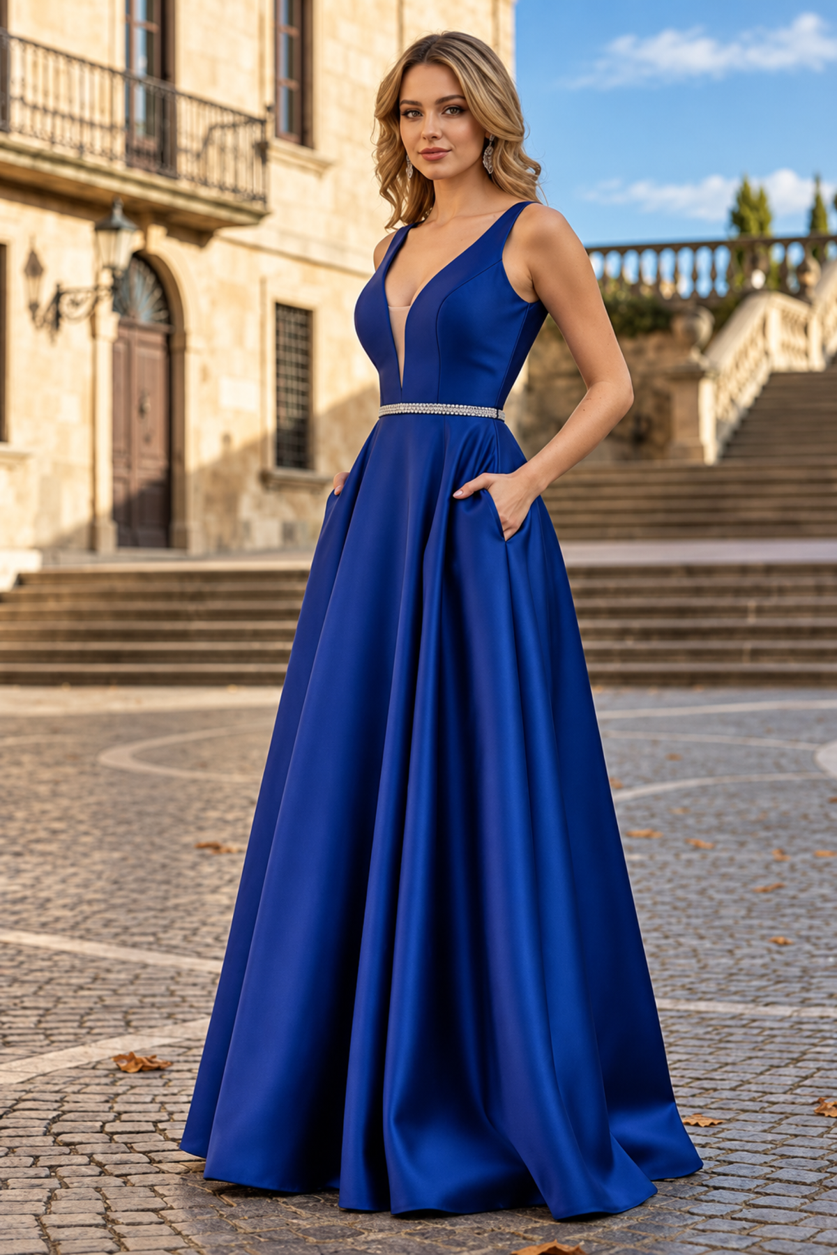 Vestido de fiesta May Queen MQ1683, corte A, escote en V pronunciado, bolsillos, sin mangas