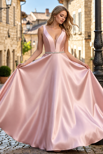 A Line Plunging V Neck Evening Gown Side Pockets Sleeveless Prom Dress