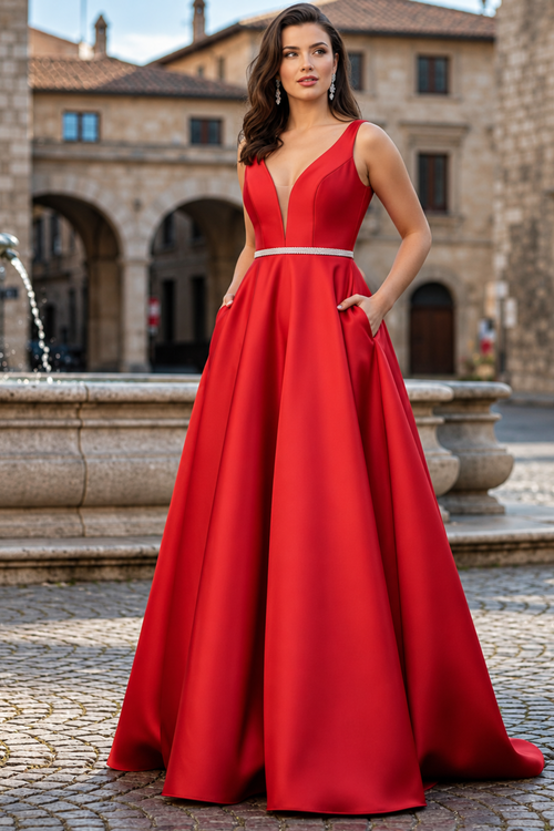 Vestido de fiesta May Queen MQ1683, corte A, escote en V pronunciado, bolsillos, sin mangas