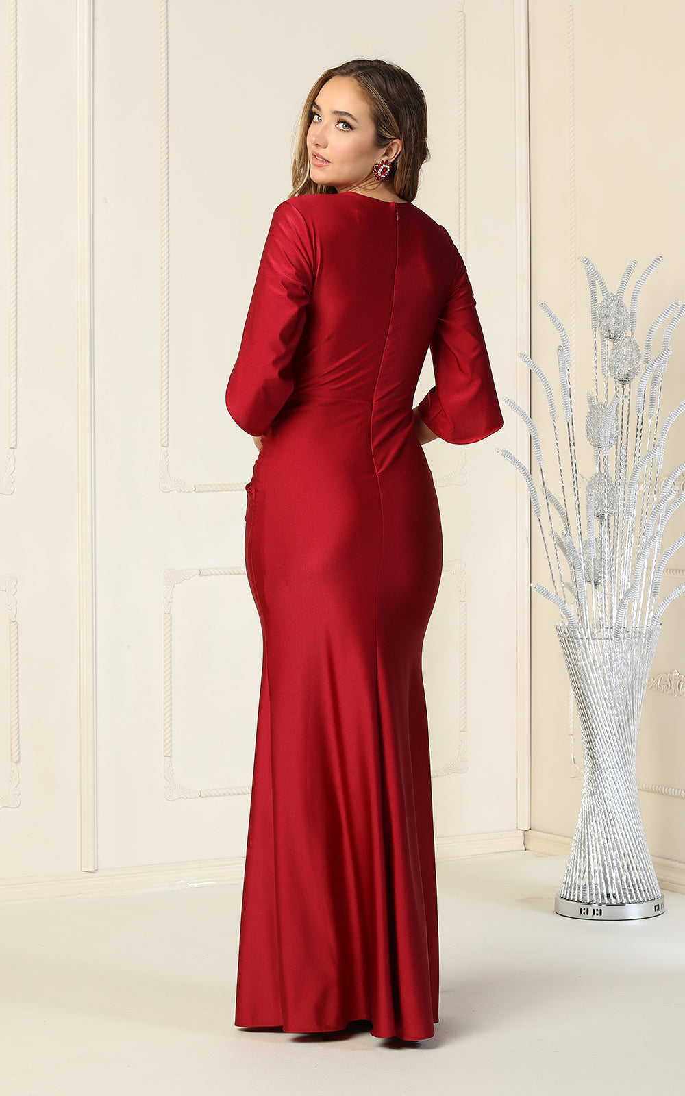 3/4 Sleeve Satin Mother of the Bride Evening Gown with Ruched V-Neckline by May Queen MQ1831
