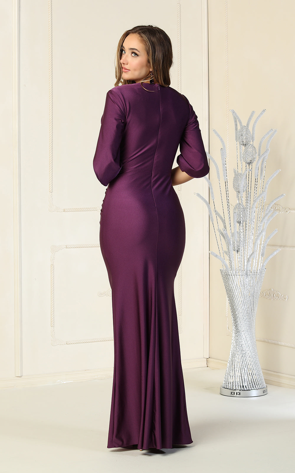 3/4 Sleeve Satin Mother of the Bride Evening Gown with Ruched V-Neckline by May Queen MQ1831