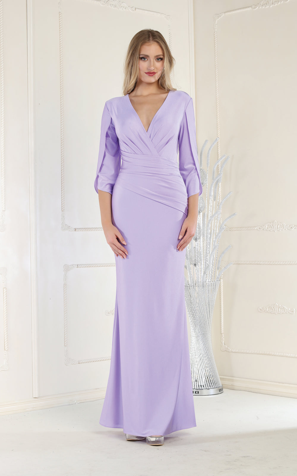 3/4 Sleeve Satin Mother of the Bride Evening Gown with Ruched V-Neckline by May Queen MQ1831