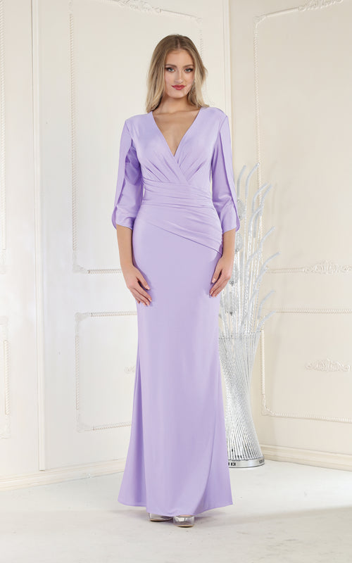 3/4 Sleeve Satin Mother of the Bride Evening Gown with Ruched V-Neckline by May Queen MQ1831