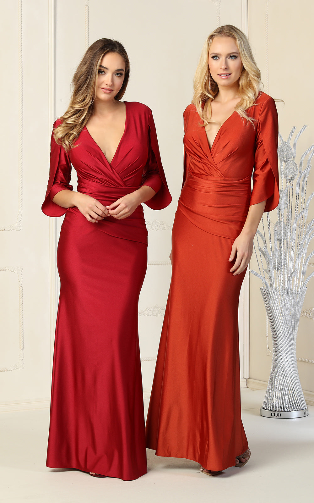 3/4 Sleeve Satin Mother of the Bride Evening Gown with Ruched V-Neckline by May Queen MQ1831