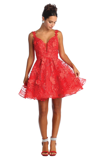 3D Floral Lace Short A-Line Dress with Deep V-Neck & Lace-Up Back By May Queen MQ1896