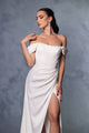 Elegant Off Shoulder Ivory Satin Wedding Gown with Corset Back and High Slit By May Queen MQ1953