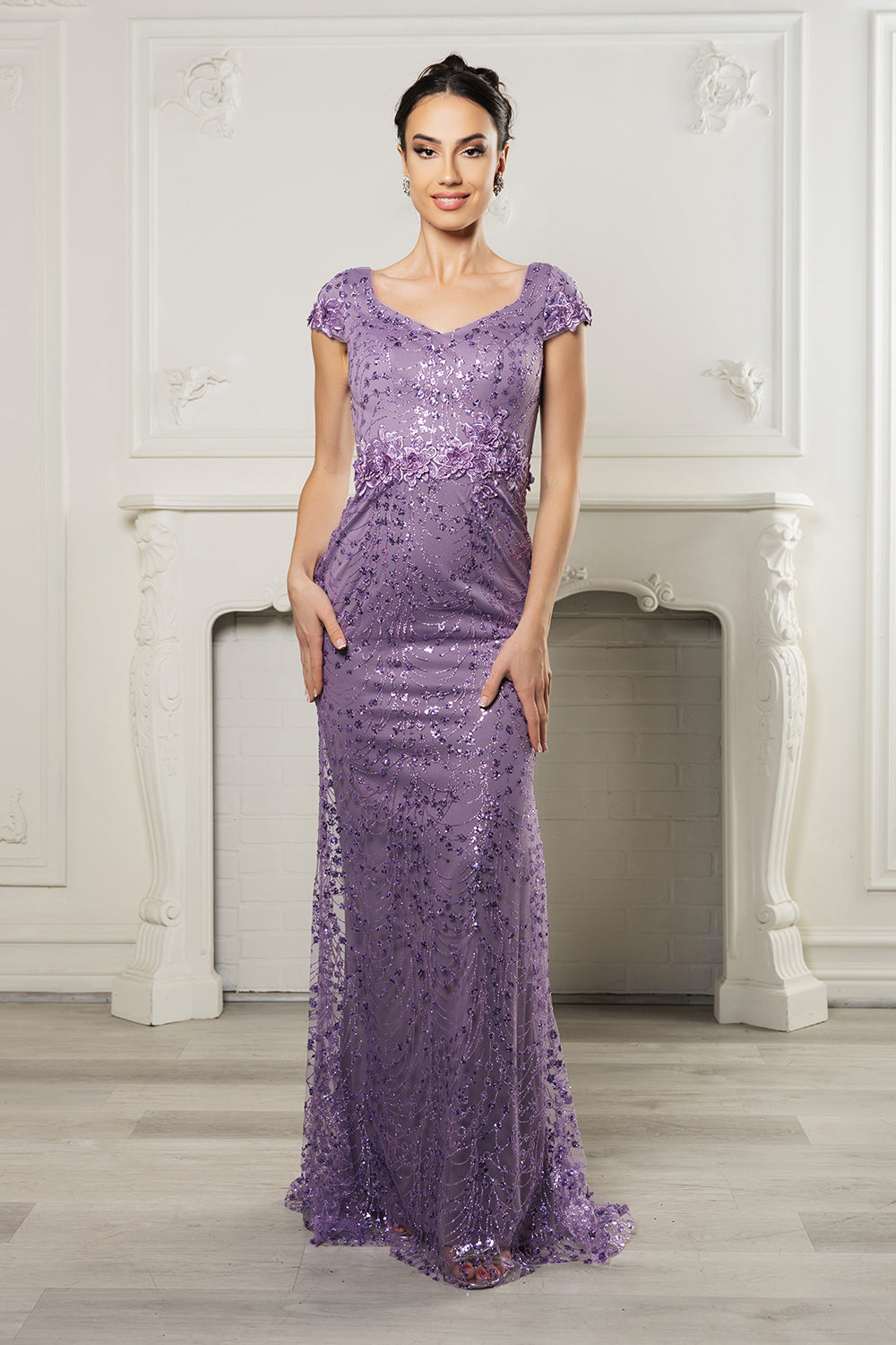 May Queen MQ2062 Floral Appliqued Long Mesh Formal Gown