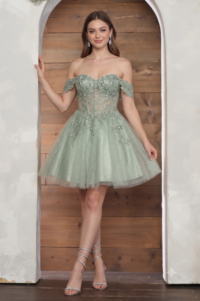 May Queen MQ2080 Sweetheart Leafy Corset A-Line Short Hoco Dress