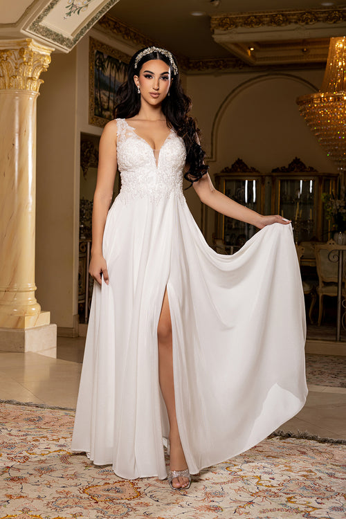 Ivory Sleeveless Plunging V-Neck Beaded Lace Wedding Dress with Pockets by May Queen MQ2137